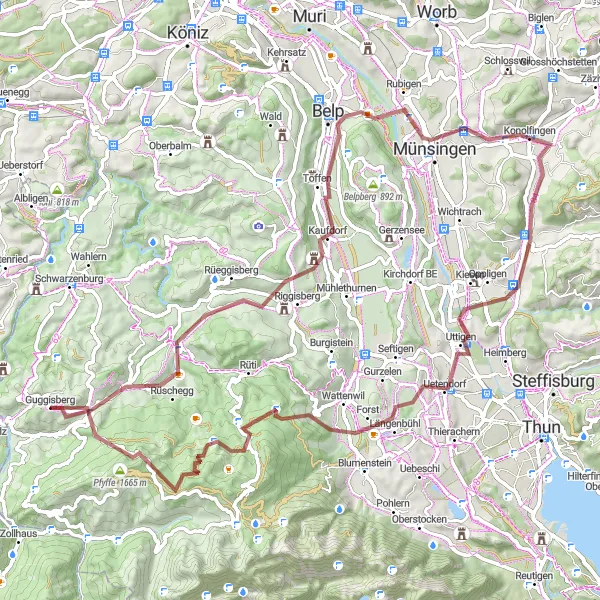 Miniatua del mapa de inspiración ciclista "Ruta de ciclismo de grava desde Guggisberg" en Espace Mittelland, Switzerland. Generado por Tarmacs.app planificador de rutas ciclistas
