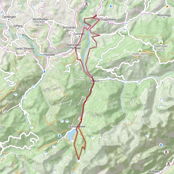 Zemljevid v pomanjšavi "Raziščite slikovite pokrajine v okolici Guggisberga" kolesarske inspiracije v Espace Mittelland, Switzerland. Generirano z načrtovalcem kolesarskih poti Tarmacs.app