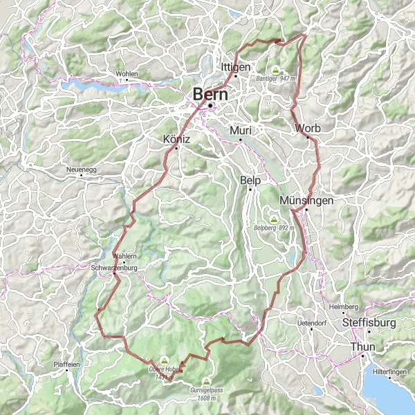 Mapa miniatúra "Gravelový Okruh Wahlern - Guggisberg" cyklistická inšpirácia v Espace Mittelland, Switzerland. Vygenerované cyklistickým plánovačom trás Tarmacs.app