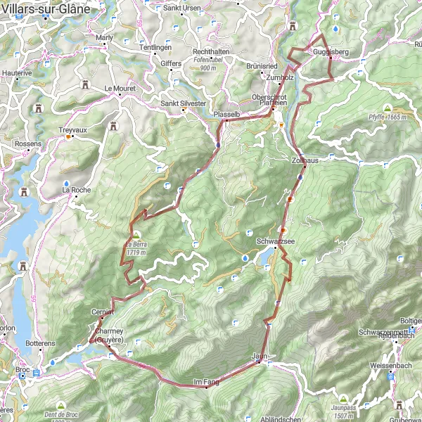 Miniatua del mapa de inspiración ciclista "Ruta de ciclismo de grava desafiante desde Guggisberg" en Espace Mittelland, Switzerland. Generado por Tarmacs.app planificador de rutas ciclistas