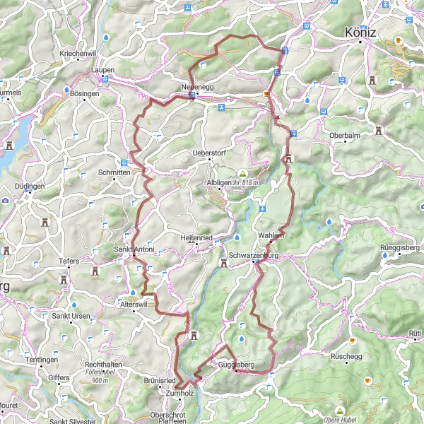 Miniatura della mappa di ispirazione al ciclismo "Giro in bicicletta da Guggisberg a Mittelhäusern" nella regione di Espace Mittelland, Switzerland. Generata da Tarmacs.app, pianificatore di rotte ciclistiche