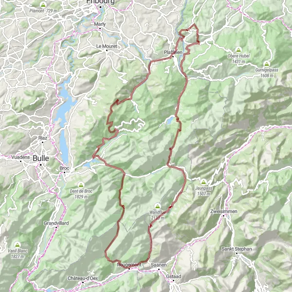 Karttaminiaatyyri "Guggisberg - TCS Panorama - Chällihorn - Jaun - Mittelberg - Rougemont - Mont Chupiaô - Charmey (Gruyère) - La Berra - Kalchstätten - Guggershorn" pyöräilyinspiraatiosta alueella Espace Mittelland, Switzerland. Luotu Tarmacs.app pyöräilyreittisuunnittelijalla