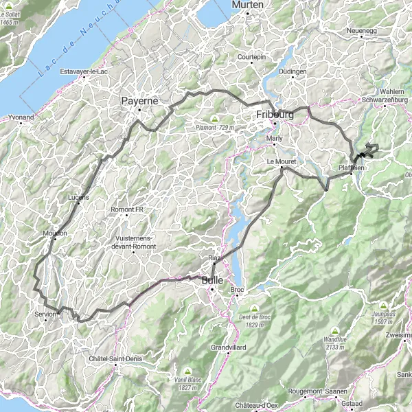 Miniatua del mapa de inspiración ciclista "Ruta de ciclismo de carretera a Guggisberg" en Espace Mittelland, Switzerland. Generado por Tarmacs.app planificador de rutas ciclistas