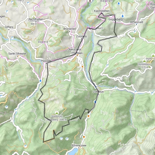 Kartminiatyr av "Kort landväg till Guggisberg" cykelinspiration i Espace Mittelland, Switzerland. Genererad av Tarmacs.app cykelruttplanerare