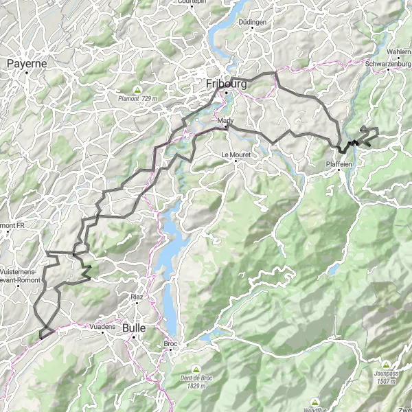 Kartminiatyr av "Guggisberg til Marly tur" sykkelinspirasjon i Espace Mittelland, Switzerland. Generert av Tarmacs.app sykkelrutoplanlegger