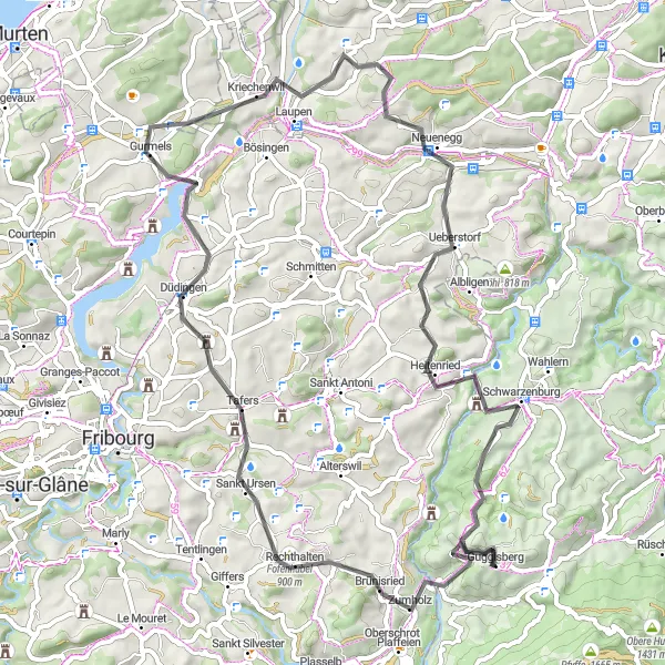 Miniatua del mapa de inspiración ciclista "Ruta de ciclismo de carretera a Guggisberg" en Espace Mittelland, Switzerland. Generado por Tarmacs.app planificador de rutas ciclistas