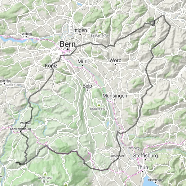 Miniaturekort af cykelinspirationen "Bern til Guggisberg Cykelrute" i Espace Mittelland, Switzerland. Genereret af Tarmacs.app cykelruteplanlægger