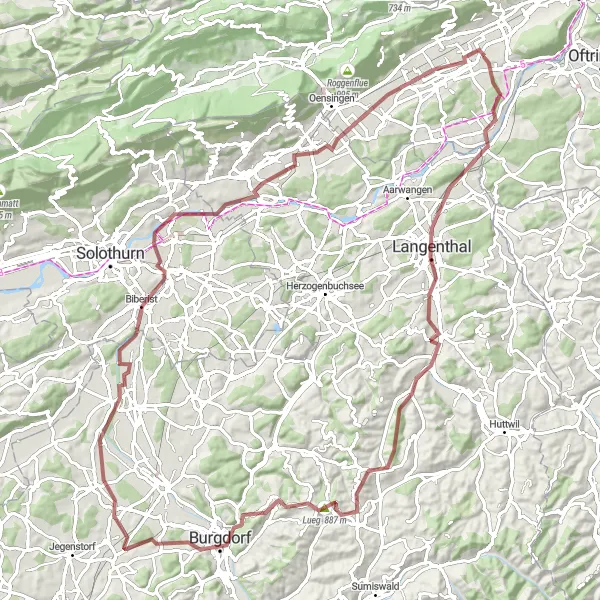 Zemljevid v pomanjšavi "Gravel kolesarska pot okoli Gunzgena" kolesarske inspiracije v Espace Mittelland, Switzerland. Generirano z načrtovalcem kolesarskih poti Tarmacs.app