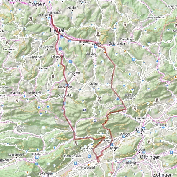 Mapa miniatúra "Langenbruck - Gunzgen Gravel Bicycle Route" cyklistická inšpirácia v Espace Mittelland, Switzerland. Vygenerované cyklistickým plánovačom trás Tarmacs.app