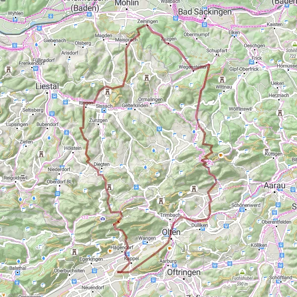 Zemljevid v pomanjšavi "Pustolovščina med neokrnjeno naravo" kolesarske inspiracije v Espace Mittelland, Switzerland. Generirano z načrtovalcem kolesarskih poti Tarmacs.app