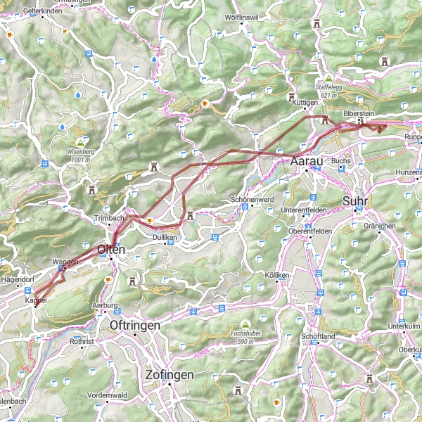 Miniaturní mapa "Zábavná gravelová trasa poblíž Aarau" inspirace pro cyklisty v oblasti Espace Mittelland, Switzerland. Vytvořeno pomocí plánovače tras Tarmacs.app