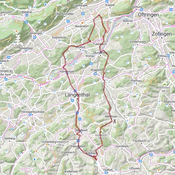 Mapa miniatúra "Gravel cyklotrasa Gunzgen Loop" cyklistická inšpirácia v Espace Mittelland, Switzerland. Vygenerované cyklistickým plánovačom trás Tarmacs.app