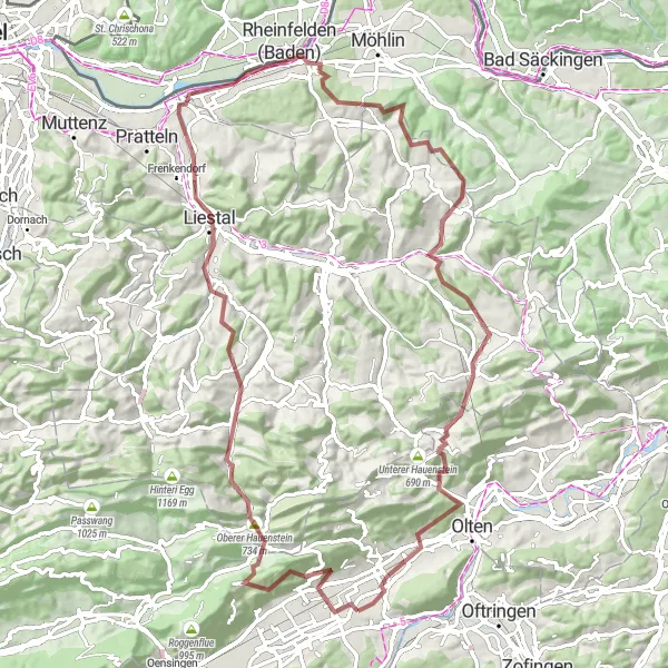Miniatua del mapa de inspiración ciclista "Ruta de Gravel a Rheinfelden" en Espace Mittelland, Switzerland. Generado por Tarmacs.app planificador de rutas ciclistas