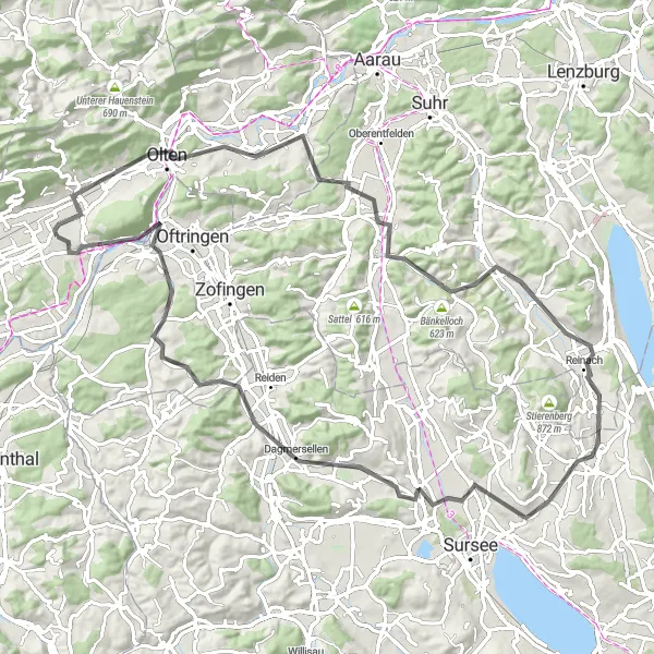 Kartminiatyr av "Menziken Countryside Ride" sykkelinspirasjon i Espace Mittelland, Switzerland. Generert av Tarmacs.app sykkelrutoplanlegger