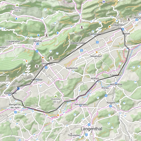 Miniaturní mapa "Lehká silniční cyklotrasa kolem Gunzgenu" inspirace pro cyklisty v oblasti Espace Mittelland, Switzerland. Vytvořeno pomocí plánovače tras Tarmacs.app