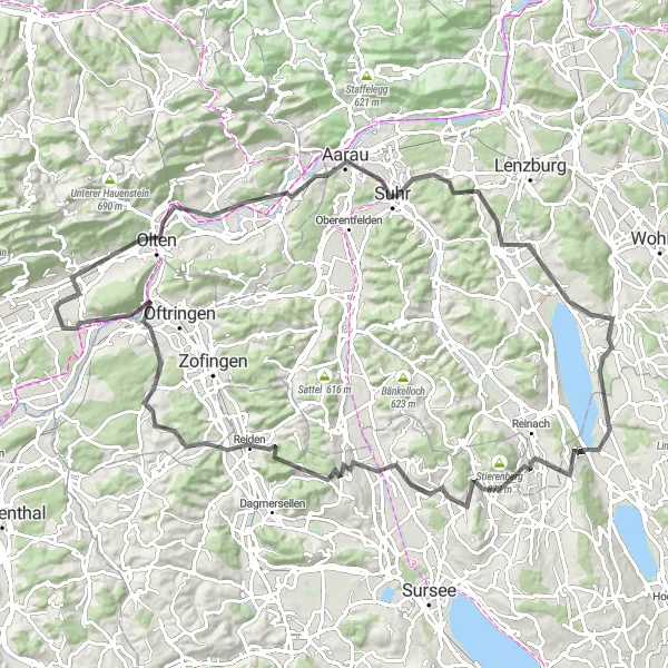 Miniaturekort af cykelinspirationen "Charmerende landskaber og historie" i Espace Mittelland, Switzerland. Genereret af Tarmacs.app cykelruteplanlægger