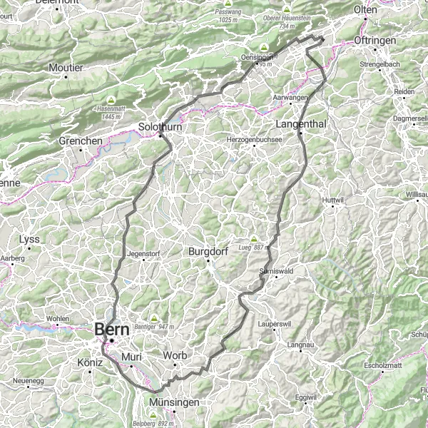 Miniaturní mapa "Náročná silniční cyklotrasa okolo Gunzgenu" inspirace pro cyklisty v oblasti Espace Mittelland, Switzerland. Vytvořeno pomocí plánovače tras Tarmacs.app