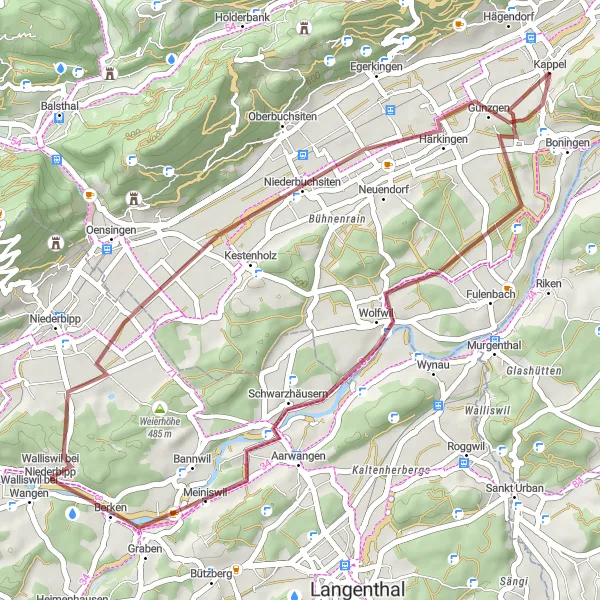 Mapa miniatúra "Pohodlná gravelová trasa cez Kestenholz a Härkingen" cyklistická inšpirácia v Espace Mittelland, Switzerland. Vygenerované cyklistickým plánovačom trás Tarmacs.app