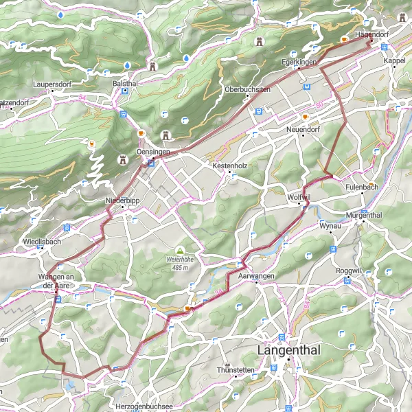 Miniatuurkaart van de fietsinspiratie "Gravel Route van Hägendorf naar Hägendorf" in Espace Mittelland, Switzerland. Gemaakt door de Tarmacs.app fietsrouteplanner
