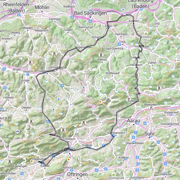 Mapa miniatúra "Výzva na ceste cez Gogel a Olten" cyklistická inšpirácia v Espace Mittelland, Switzerland. Vygenerované cyklistickým plánovačom trás Tarmacs.app