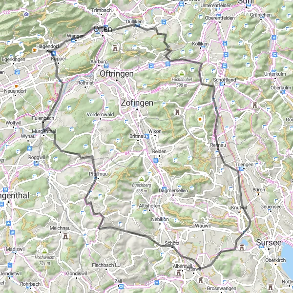 Miniatura della mappa di ispirazione al ciclismo "Tour in bicicletta Olten - Fulenbach" nella regione di Espace Mittelland, Switzerland. Generata da Tarmacs.app, pianificatore di rotte ciclistiche
