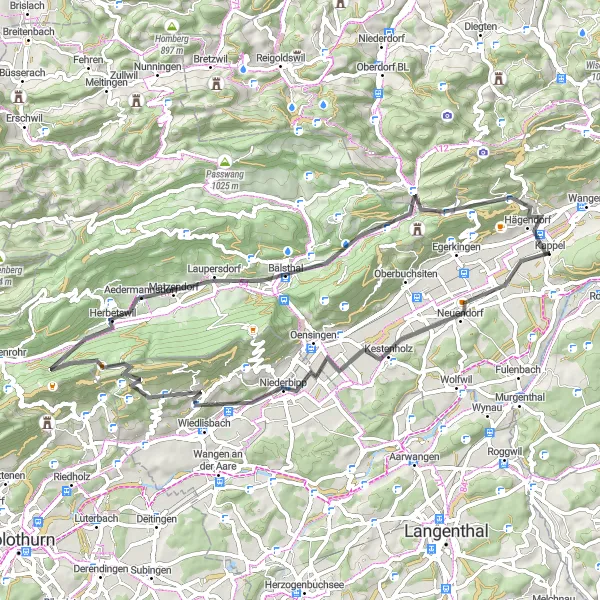 Karten-Miniaturansicht der Radinspiration "Malersicher Hauenstein Rundfahrt" in Espace Mittelland, Switzerland. Erstellt vom Tarmacs.app-Routenplaner für Radtouren