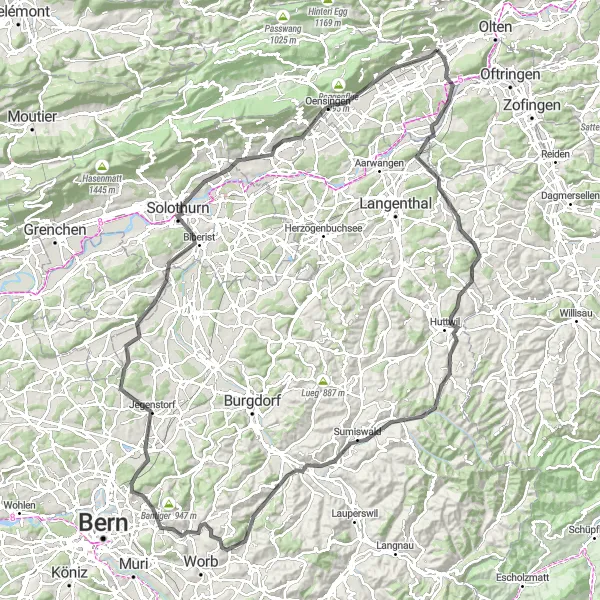Miniatura della mappa di ispirazione al ciclismo "Giro in bicicletta da Hägendorf - Solothurn" nella regione di Espace Mittelland, Switzerland. Generata da Tarmacs.app, pianificatore di rotte ciclistiche