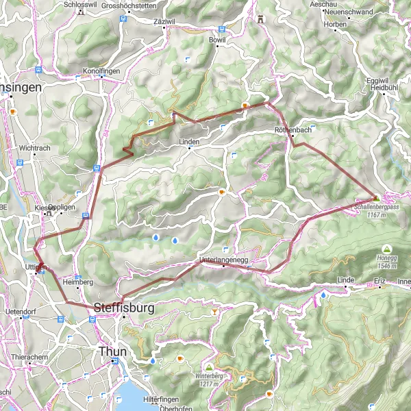 Zemljevid v pomanjšavi "Gorska avantura v okolici Heimberga" kolesarske inspiracije v Espace Mittelland, Switzerland. Generirano z načrtovalcem kolesarskih poti Tarmacs.app