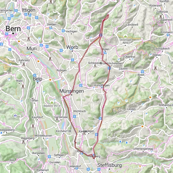 Miniatua del mapa de inspiración ciclista "Ruta de Münsingen y Adlisberg cerca de Heimberg" en Espace Mittelland, Switzerland. Generado por Tarmacs.app planificador de rutas ciclistas