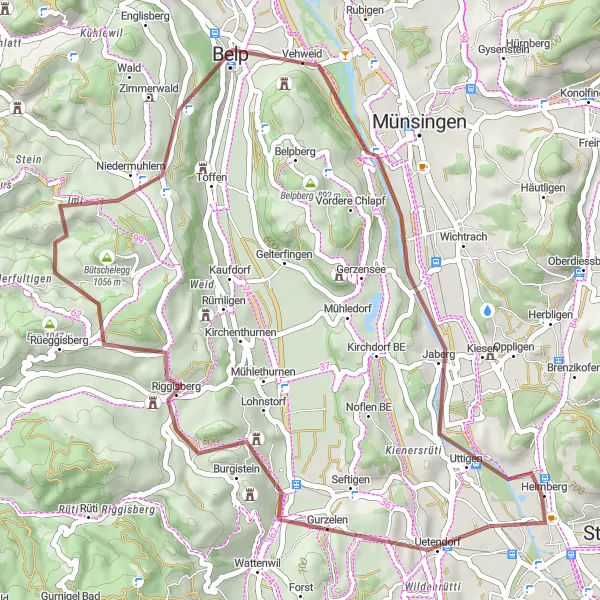 Karttaminiaatyyri "Seikkailullinen maastopyöräreitti Heimbergin läheisyydessä" pyöräilyinspiraatiosta alueella Espace Mittelland, Switzerland. Luotu Tarmacs.app pyöräilyreittisuunnittelijalla