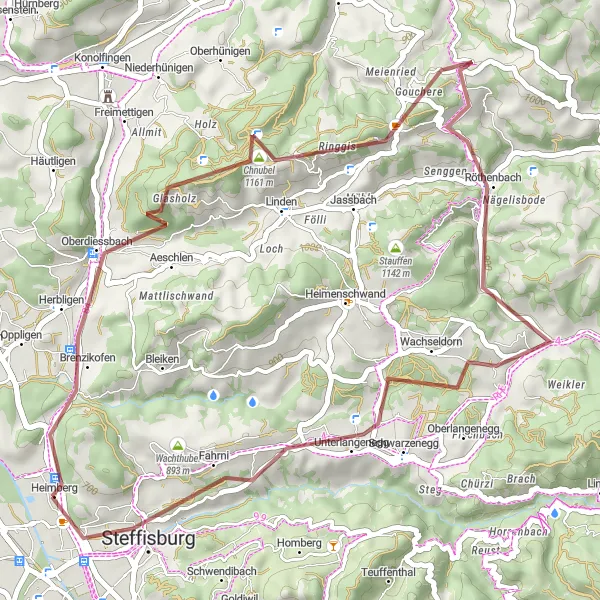 Miniatura della mappa di ispirazione al ciclismo "Esplorazione in Gravel tra Brenzikofen e Steffisburg" nella regione di Espace Mittelland, Switzerland. Generata da Tarmacs.app, pianificatore di rotte ciclistiche