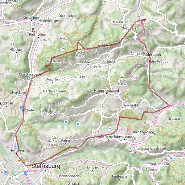 Zemljevid v pomanjšavi "Gravel route to Steffisburg" kolesarske inspiracije v Espace Mittelland, Switzerland. Generirano z načrtovalcem kolesarskih poti Tarmacs.app