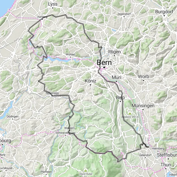 Miniature de la carte de l'inspiration cycliste "Tour de Heimberg et ses alentours" dans la Espace Mittelland, Switzerland. Générée par le planificateur d'itinéraire cycliste Tarmacs.app