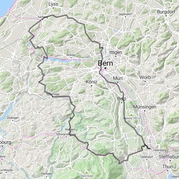 Karten-Miniaturansicht der Radinspiration "Hügelige Fahrt durch die Region Heimberg und Umgebung" in Espace Mittelland, Switzerland. Erstellt vom Tarmacs.app-Routenplaner für Radtouren