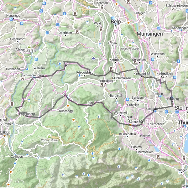 Karttaminiaatyyri "Heimberg - Uetendorf - Forst - Guggershorn - Guggisberg - Wahlern - Egg - Rümligen - Kirchdorf BE Loop" pyöräilyinspiraatiosta alueella Espace Mittelland, Switzerland. Luotu Tarmacs.app pyöräilyreittisuunnittelijalla