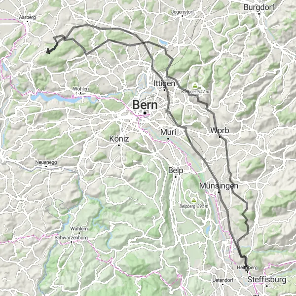 Miniatura della mappa di ispirazione al ciclismo "Road Avventura delle Montagne vicino Heimberg" nella regione di Espace Mittelland, Switzerland. Generata da Tarmacs.app, pianificatore di rotte ciclistiche