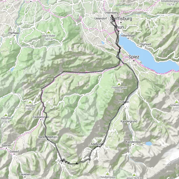 Miniatua del mapa de inspiración ciclista "Ruta de carretera de 123 km con 2560 m de ascenso" en Espace Mittelland, Switzerland. Generado por Tarmacs.app planificador de rutas ciclistas