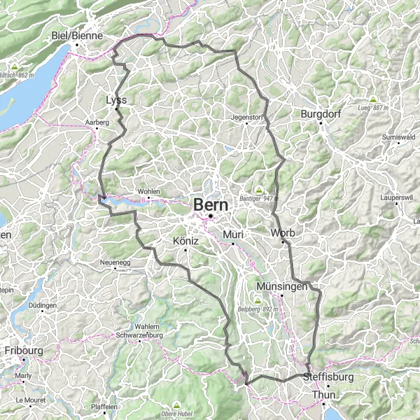 Miniatua del mapa de inspiración ciclista "Ruta de carretera de 135 km con 1809 m de ascenso" en Espace Mittelland, Switzerland. Generado por Tarmacs.app planificador de rutas ciclistas