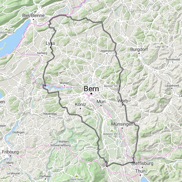 Kartminiatyr av "Oppdag Niedermuhlerns skjønnhet" sykkelinspirasjon i Espace Mittelland, Switzerland. Generert av Tarmacs.app sykkelrutoplanlegger