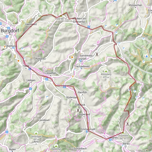 Miniaturní mapa "Gravel Bike Adventure to Heimiswil" inspirace pro cyklisty v oblasti Espace Mittelland, Switzerland. Vytvořeno pomocí plánovače tras Tarmacs.app