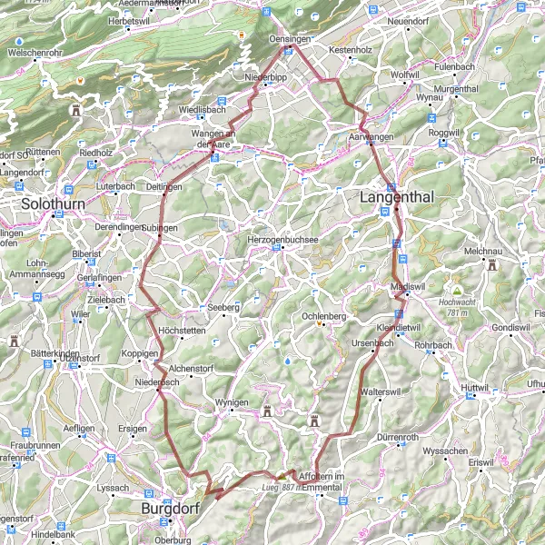 Miniatua del mapa de inspiración ciclista "Ruta de Grava de 76 km por Heimiswil" en Espace Mittelland, Switzerland. Generado por Tarmacs.app planificador de rutas ciclistas