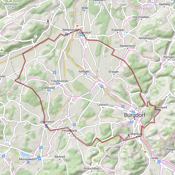 Mapa miniatúra "Gravelový okruh cez Britterenhubel a Osch" cyklistická inšpirácia v Espace Mittelland, Switzerland. Vygenerované cyklistickým plánovačom trás Tarmacs.app