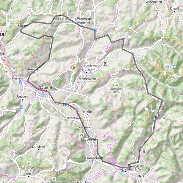 Miniatua del mapa de inspiración ciclista "Ruta escénica de 56 km en carretera en el Emmental" en Espace Mittelland, Switzerland. Generado por Tarmacs.app planificador de rutas ciclistas