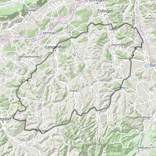Miniatua del mapa de inspiración ciclista "Ruta de ciclismo de carretera a través del Espace Mittelland" en Espace Mittelland, Switzerland. Generado por Tarmacs.app planificador de rutas ciclistas
