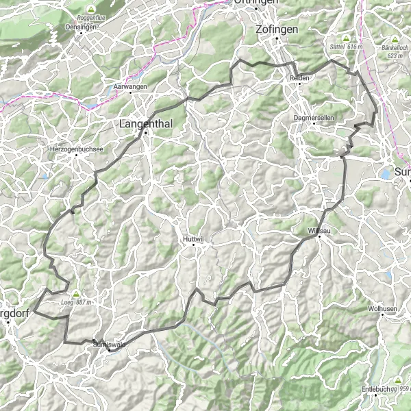 Karttaminiaatyyri "Heimiswil - Ieschberg - Hermiswil - Langenthal - Brittnau - Reitnau - Ettiswil - Eriswil - Fritzeflue - Sumiswald - Tschogge" pyöräilyinspiraatiosta alueella Espace Mittelland, Switzerland. Luotu Tarmacs.app pyöräilyreittisuunnittelijalla