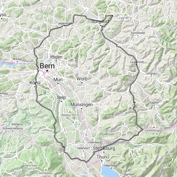 Miniatua del mapa de inspiración ciclista "Ruta Escénica de 125 km en Bicicleta de Carretera" en Espace Mittelland, Switzerland. Generado por Tarmacs.app planificador de rutas ciclistas