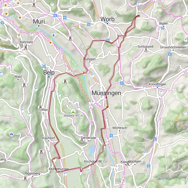 Kartminiatyr av "Oppdagende Grusveissykling i Hermiswil" sykkelinspirasjon i Espace Mittelland, Switzerland. Generert av Tarmacs.app sykkelrutoplanlegger