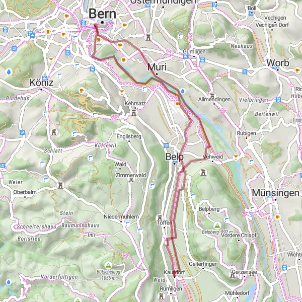 Map miniature of "Leisurely Gravel Ride to Belp Castle and Kaufdorf" cycling inspiration in Espace Mittelland, Switzerland. Generated by Tarmacs.app cycling route planner