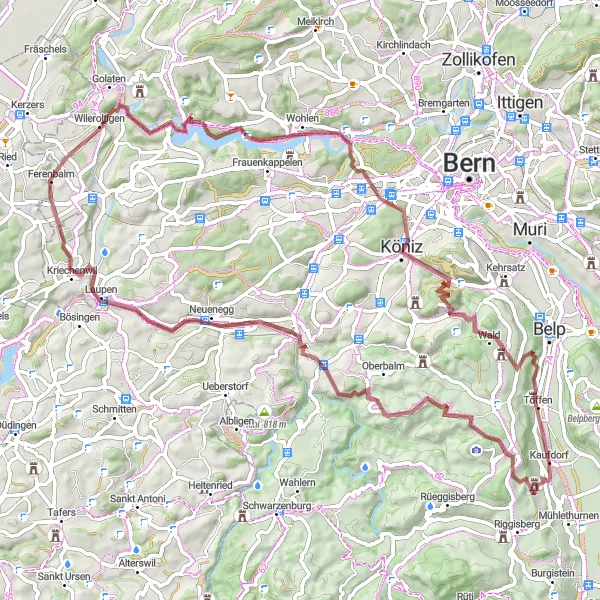 Map miniature of "Gravel Adventure to Rümligen and Kaufdorf" cycling inspiration in Espace Mittelland, Switzerland. Generated by Tarmacs.app cycling route planner