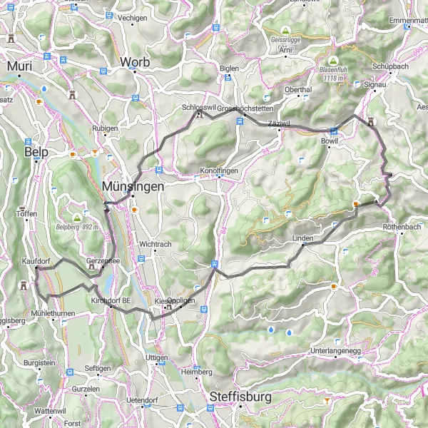 Map miniature of "Road Climbing Challenge to Gerzensee and Kaufdorf" cycling inspiration in Espace Mittelland, Switzerland. Generated by Tarmacs.app cycling route planner